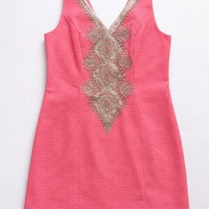 Lilly Pulitzer Pink Textured Shift Dress Women’s Size 2 Embroidered V Neck